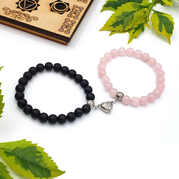 Pulseras para Parejas Piedras Ónix Mate Cuarzo Rosado Corazón Imantado