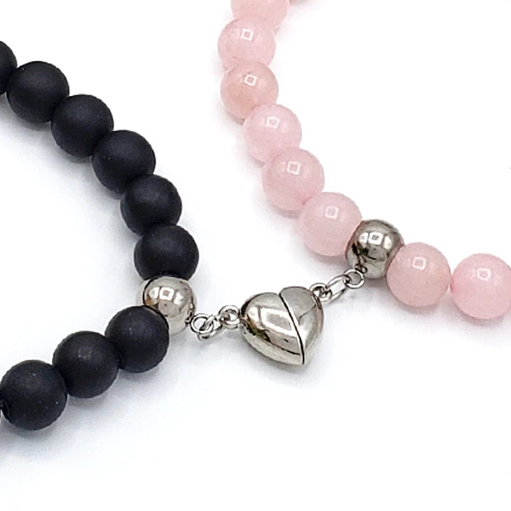 Pulseras para Parejas Piedras Ónix Mate Cuarzo Rosado Corazón Imantado