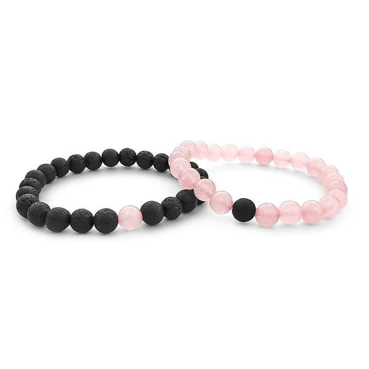 Pulseras de la Distancia para Parejas Piedras Cuarzo Rosado y Volcánica