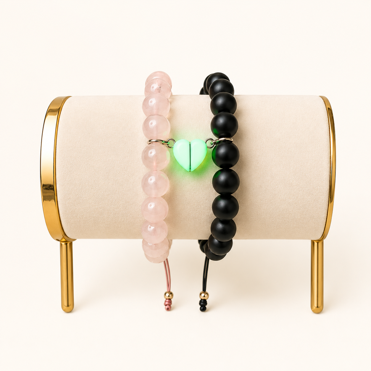 Pulseras Promesa de Amor | Onix Negro y Cuarzo rosa corazón led