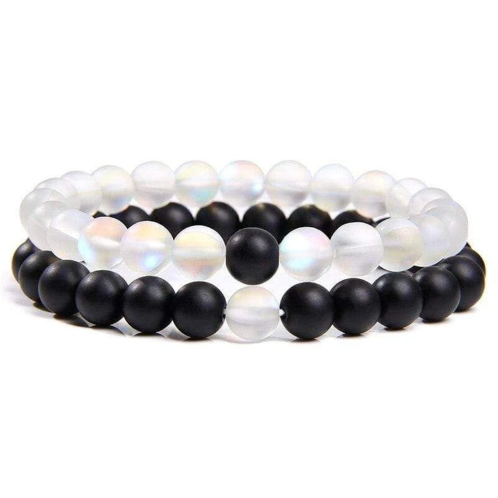 Pulseras de la Distancia para Parejas Piedras Aura de Ángel y Ónix Mate