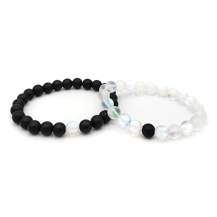 Pulseras de la Distancia para Parejas Piedras Aura de Ángel y Ónix Mate