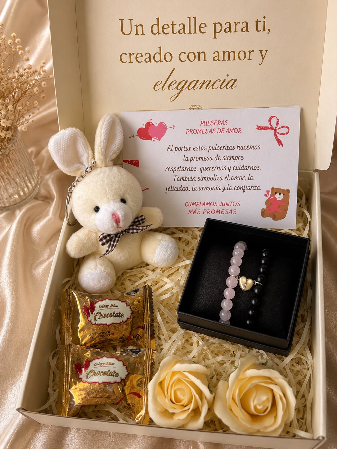Pulseras Promesa de Amor | Onix Negro y Cuarzo rosa corazón led